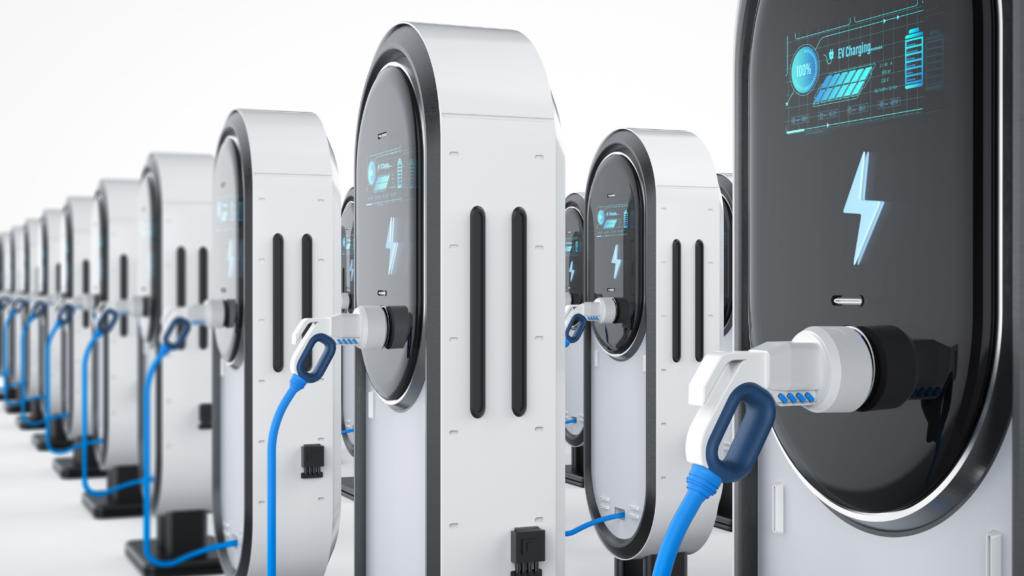 A row of electric vehicle charging stations