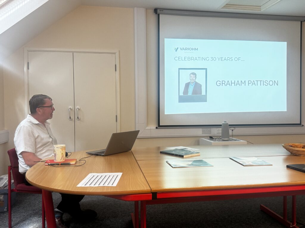 A picture of Graham Pattison, Variohm Group MD, during a presentation to celebrate his 30 year work anniversary.
